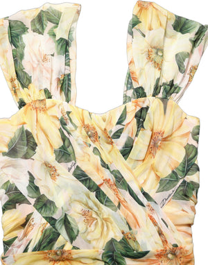 Dolce & Gabbana Langes Seidenkleid mit Blumenprint in Gelb