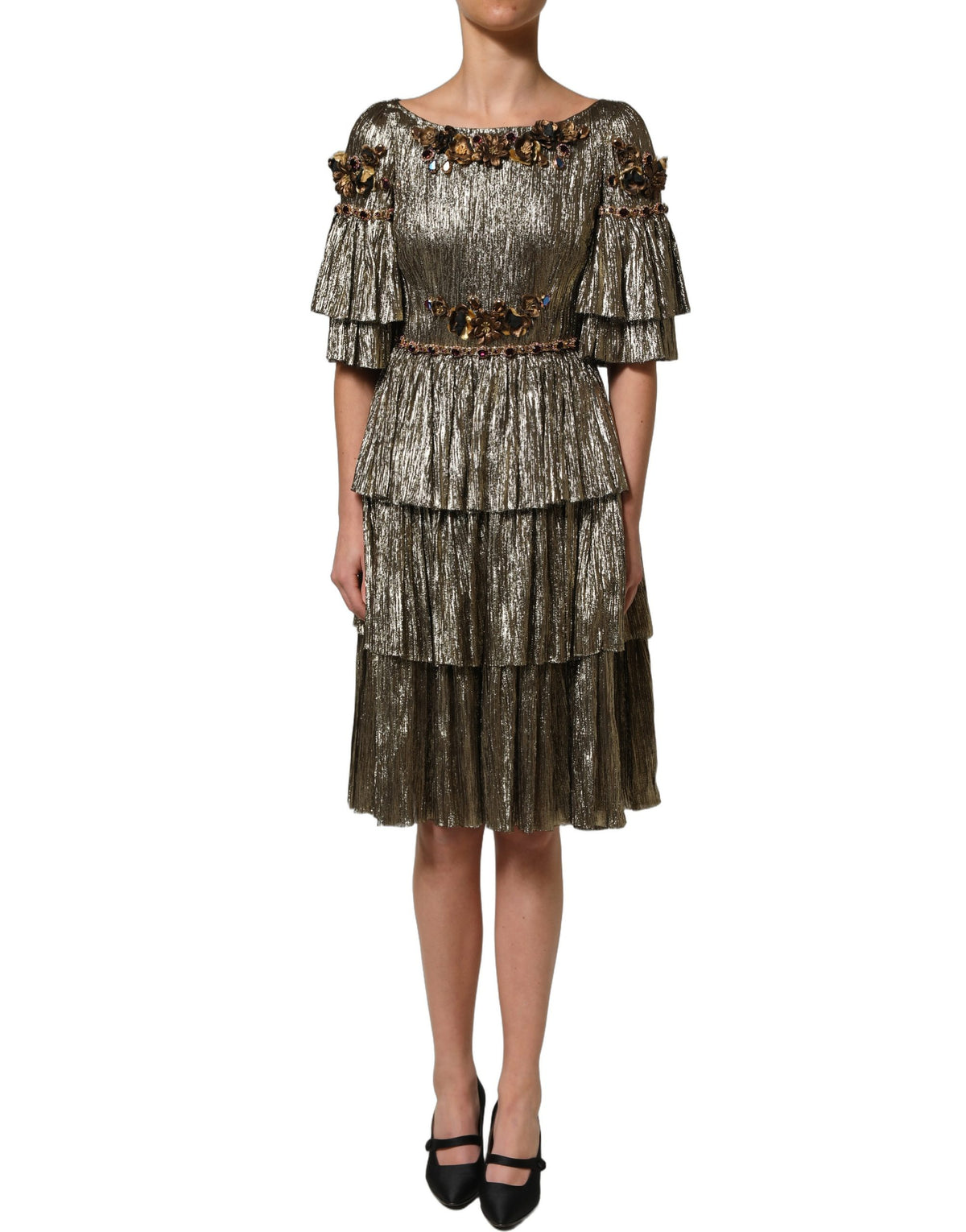 Dolce & Gabbana Midi-Kleid aus Metallic-Gold mit Verzierungen und Stufen-Design