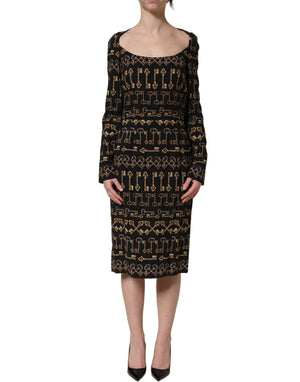 Dolce & Gabbana Schwarzes Etuikleid mit langem Arm und Schlüssel-Print
