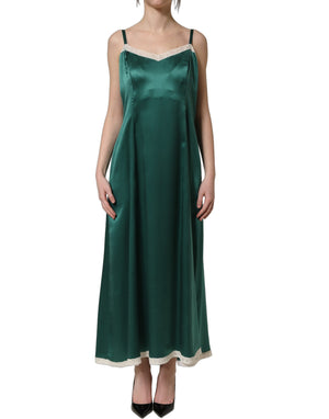 Dolce & Gabbana Maxikleid aus grünem Satin mit Spitzendetails, ärmellos