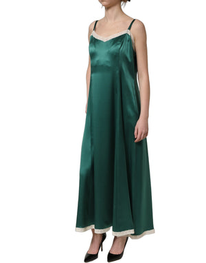 Dolce & Gabbana Maxikleid aus grünem Satin mit Spitzendetails, ärmellos
