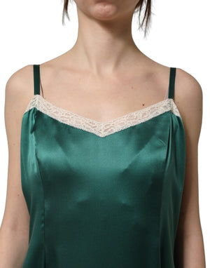 Dolce & Gabbana Maxikleid aus grünem Satin mit Spitzendetails, ärmellos