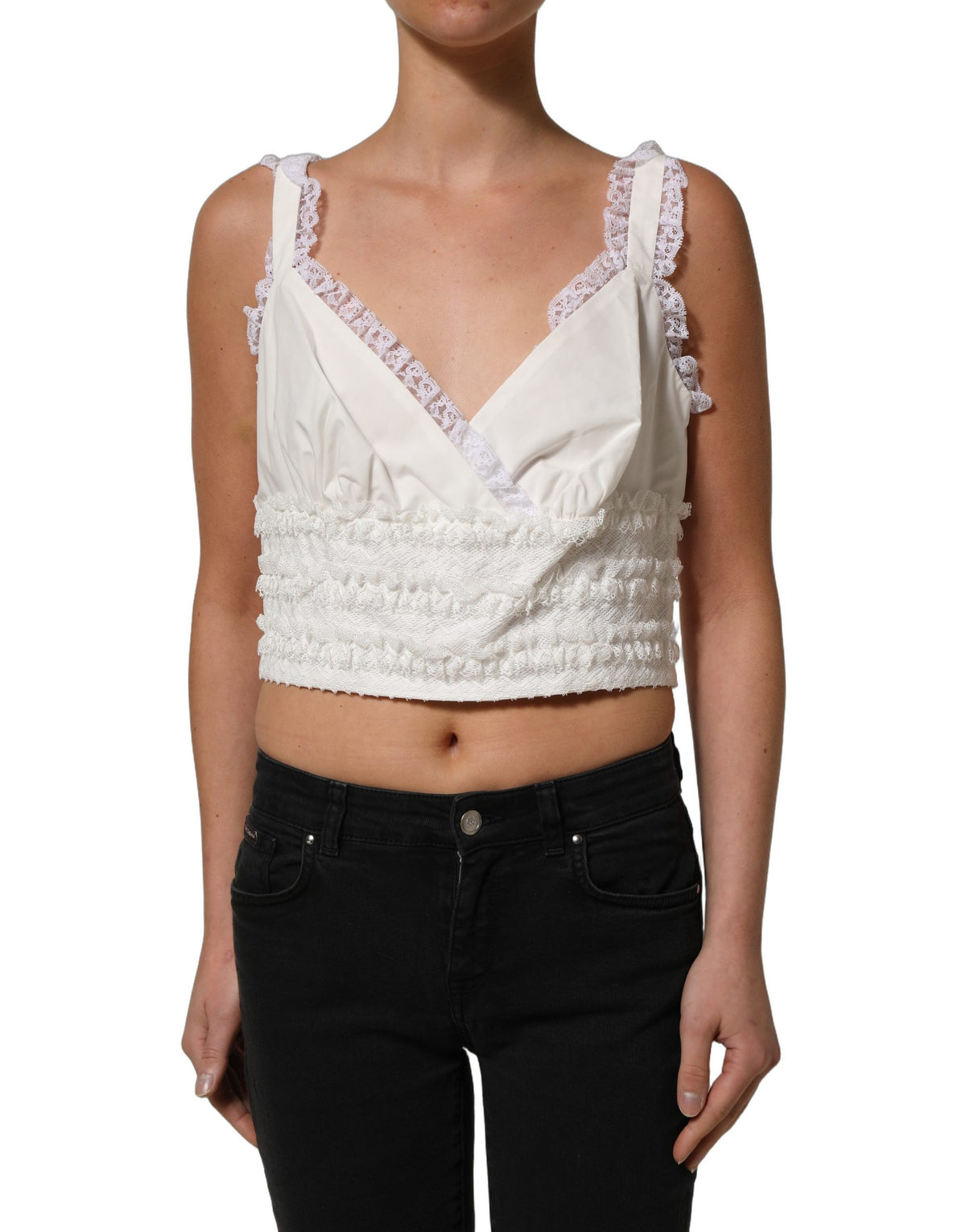 Dolce & Gabbana Weißes Cropped Tanktop aus Baumwolle mit Spitzenbesatz