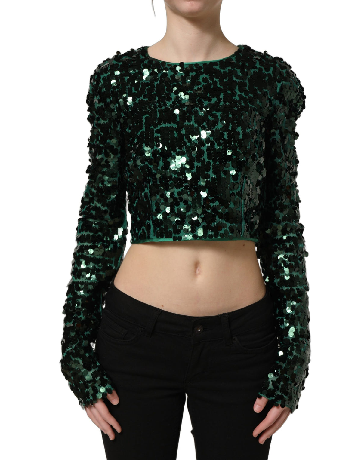 Dolce & Gabbana Grünes Crop-Top mit Pailletten und langen Ärmeln