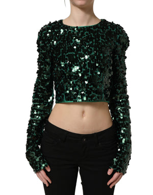 Dolce & Gabbana Grünes Crop-Top mit Pailletten und langen Ärmeln