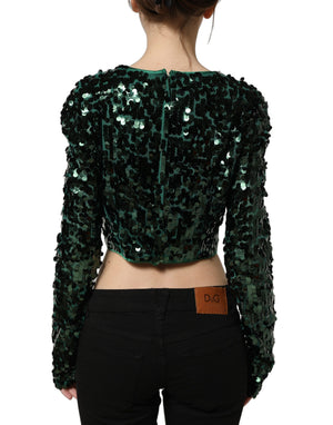 Dolce & Gabbana Grünes Crop-Top mit Pailletten und langen Ärmeln