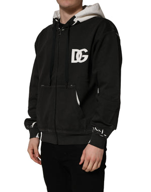 Dolce & Gabbana Schwarzer Kapuzenpullover mit durchgehendem Reißverschluss und Logo aus Baumwolle