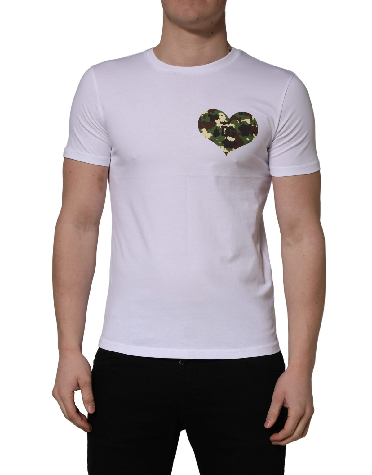 Dolce & Gabbana Weißes T-Shirt mit herzförmigem Camouflage-Patch für Herren