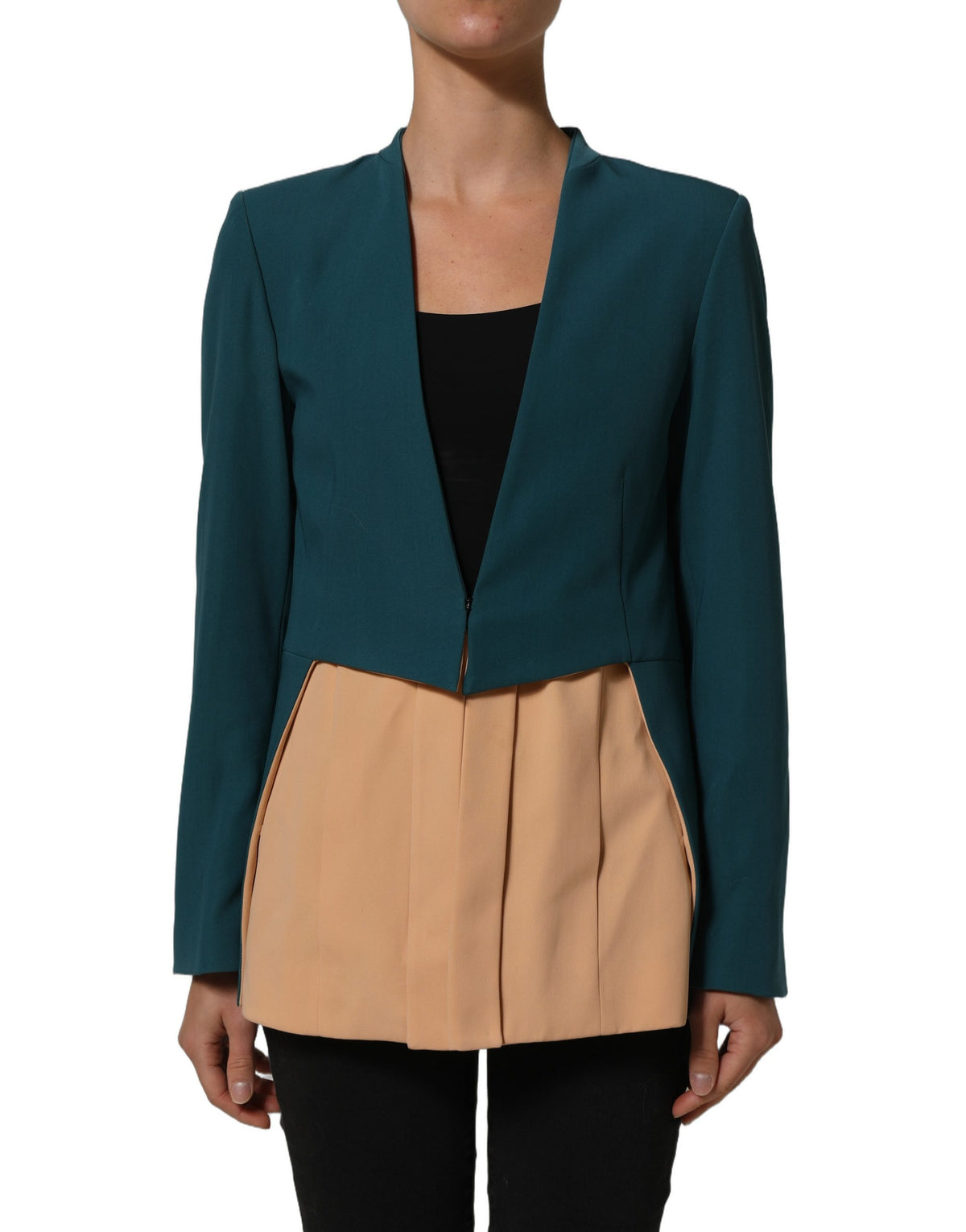 CO|TE Dunkelgrüner beigefarbener Polyester-Übergangsmantel Damen-Blazerjacke