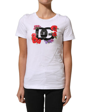 Dolce & Gabbana Weißes Baumwoll-T-Shirt mit Rundhalsausschnitt und Blumenlogo