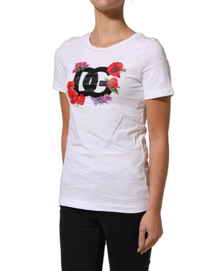 Dolce & Gabbana Weißes Baumwoll-T-Shirt mit Rundhalsausschnitt und Blumenlogo