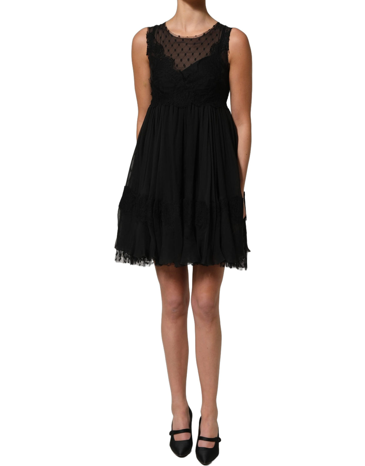 Dolce & Gabbana Ärmelloses Mini-Kleid in A-Linie mit schwarzer Spitze