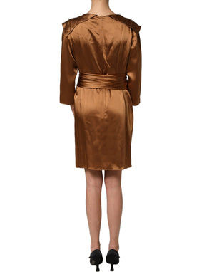 Emporio Armani Braunes Wickelkleid aus Satin und Acetat, Etui-Silhouette, Mini-Länge, mit Gürtel