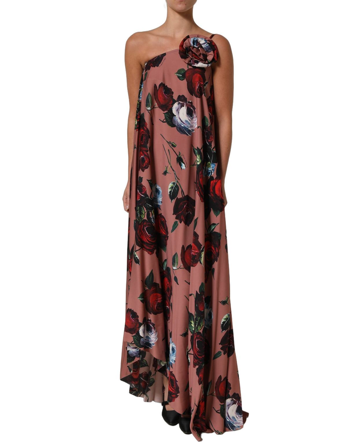 Dolce & Gabbana Maxikleid aus Seide in Staubrosa mit Blumenprint und One-Shoulder-Träger