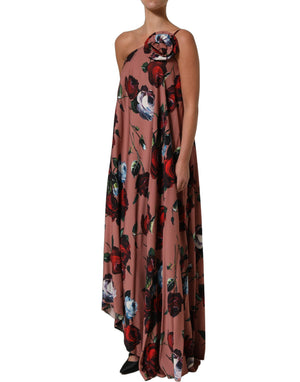 Dolce & Gabbana Maxikleid aus Seide in Staubrosa mit Blumenprint und One-Shoulder-Träger