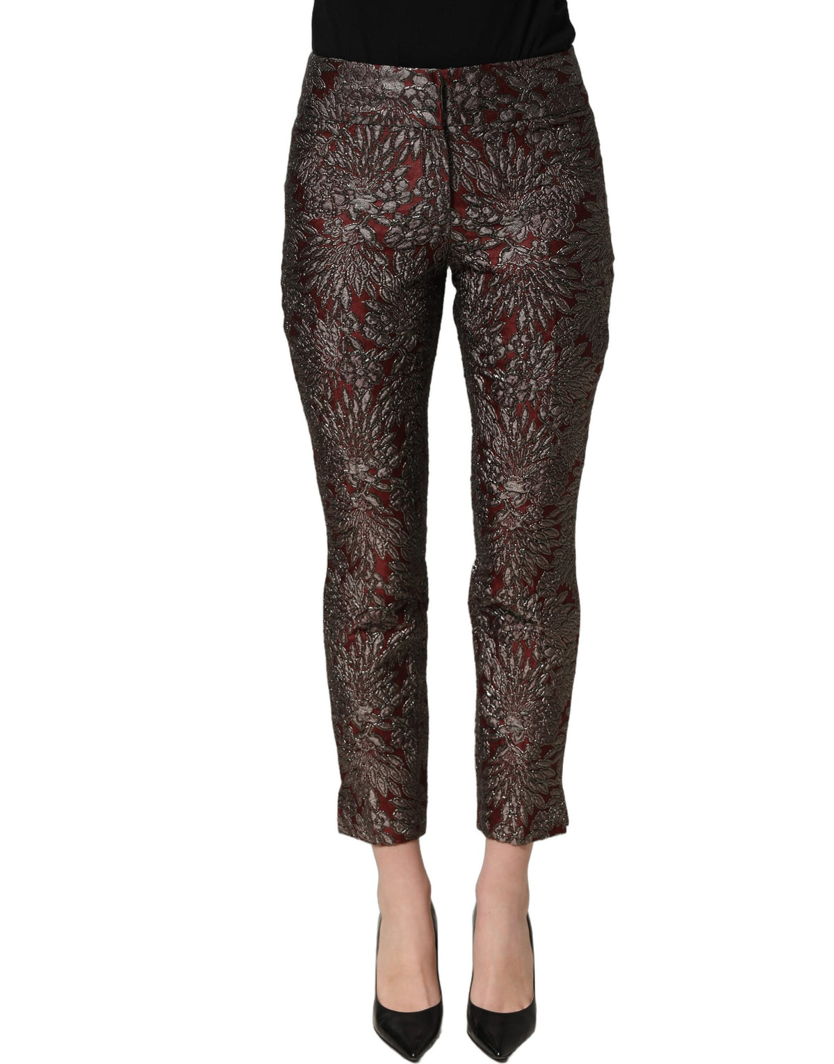 Dolce & Gabbana Gerade Hose mit burgunderrotem und grauem Blumenjacquard