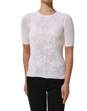 Alpha Studio Weiße Bluse mit Blumen-Spitzenstrick und kurzen Ärmeln