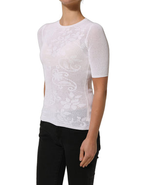Alpha Studio Weiße Bluse mit Blumen-Spitzenstrick und kurzen Ärmeln
