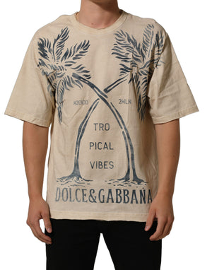 Dolce & Gabbana Beige Baumwoll T-Shirt mit Grafikdruck und Rundhalsausschnitt