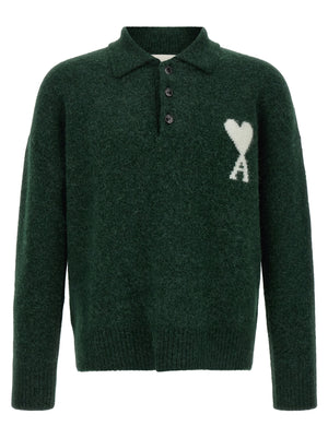 Ami Paris Zweifarbige Polo-Shirt aus Alpakawolle und Leder