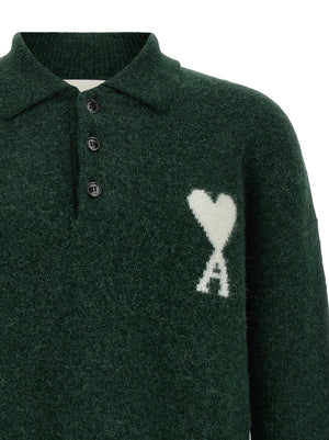 Ami Paris Zweifarbige Polo-Shirt aus Alpakawolle und Leder