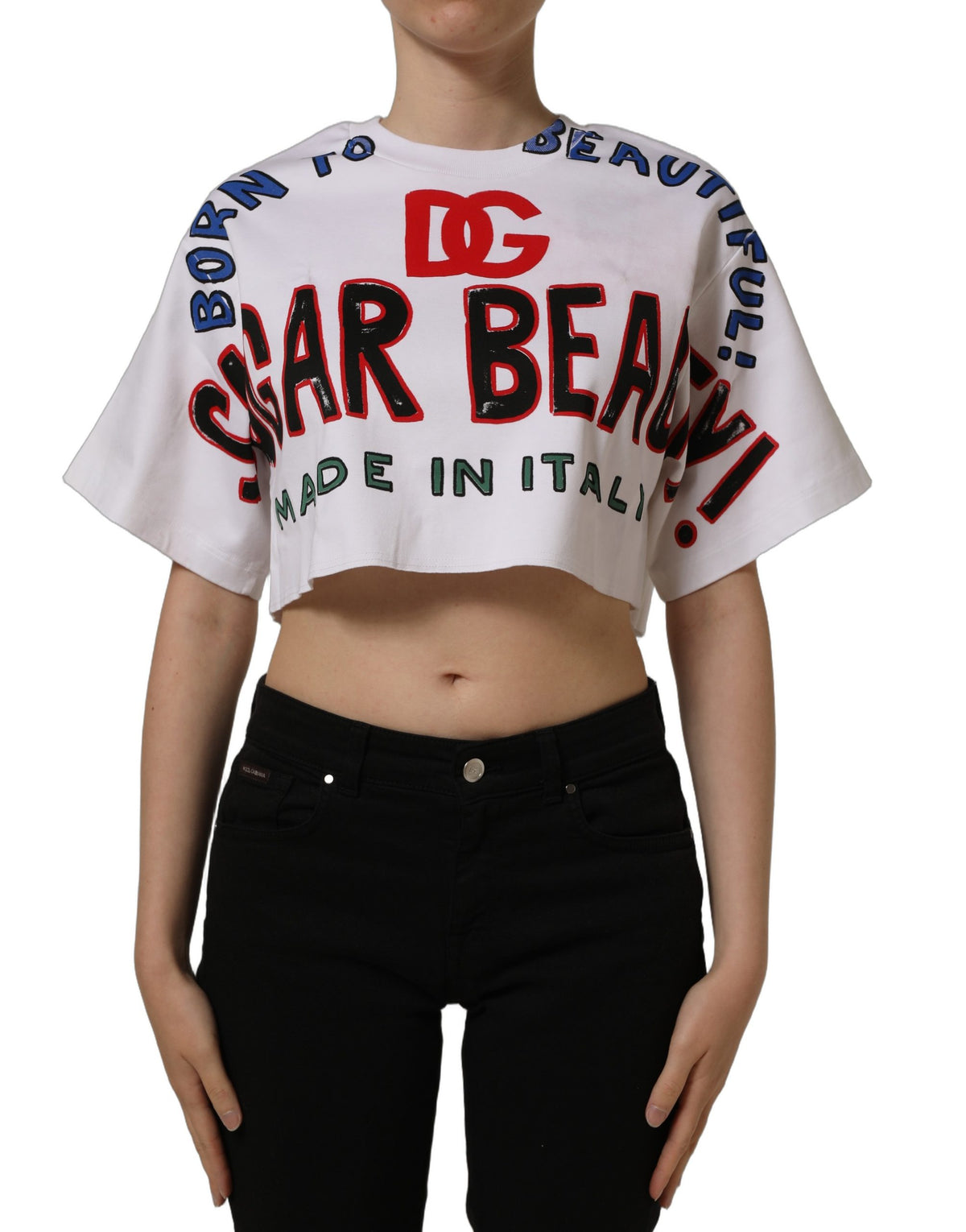 Dolce & Gabbana Weißes Cropped T-Shirt aus Baumwoll-Jersey mit Grafikprint