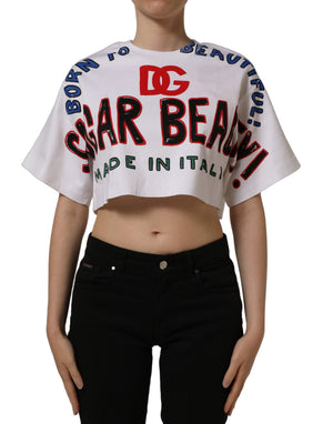 Dolce & Gabbana Weißes Cropped T-Shirt aus Baumwoll-Jersey mit Grafikprint