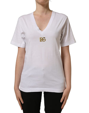 Dolce & Gabbana Weißes Baumwoll-T-Shirt mit goldenem DG-Logo und V-Ausschnitt