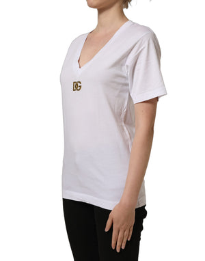 Dolce & Gabbana Weißes Baumwoll-T-Shirt mit goldenem DG-Logo und V-Ausschnitt