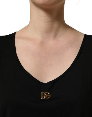 Dolce & Gabbana Schwarzes ärmelloses Tanktop aus Baumwolle mit goldenem DG-Logo
