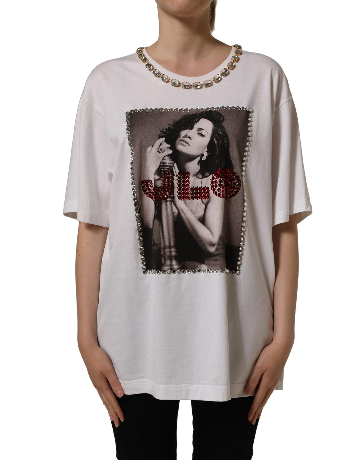 Dolce & Gabbana Weißes T-Shirt mit Print und Schmucksteinen am Rundhalsausschnitt