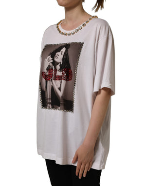 Dolce & Gabbana Weißes T-Shirt mit Print und Schmucksteinen am Rundhalsausschnitt