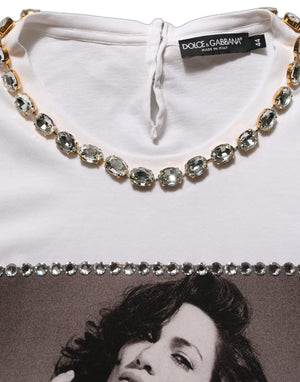 Dolce & Gabbana Weißes T-Shirt mit Print und Schmucksteinen am Rundhalsausschnitt