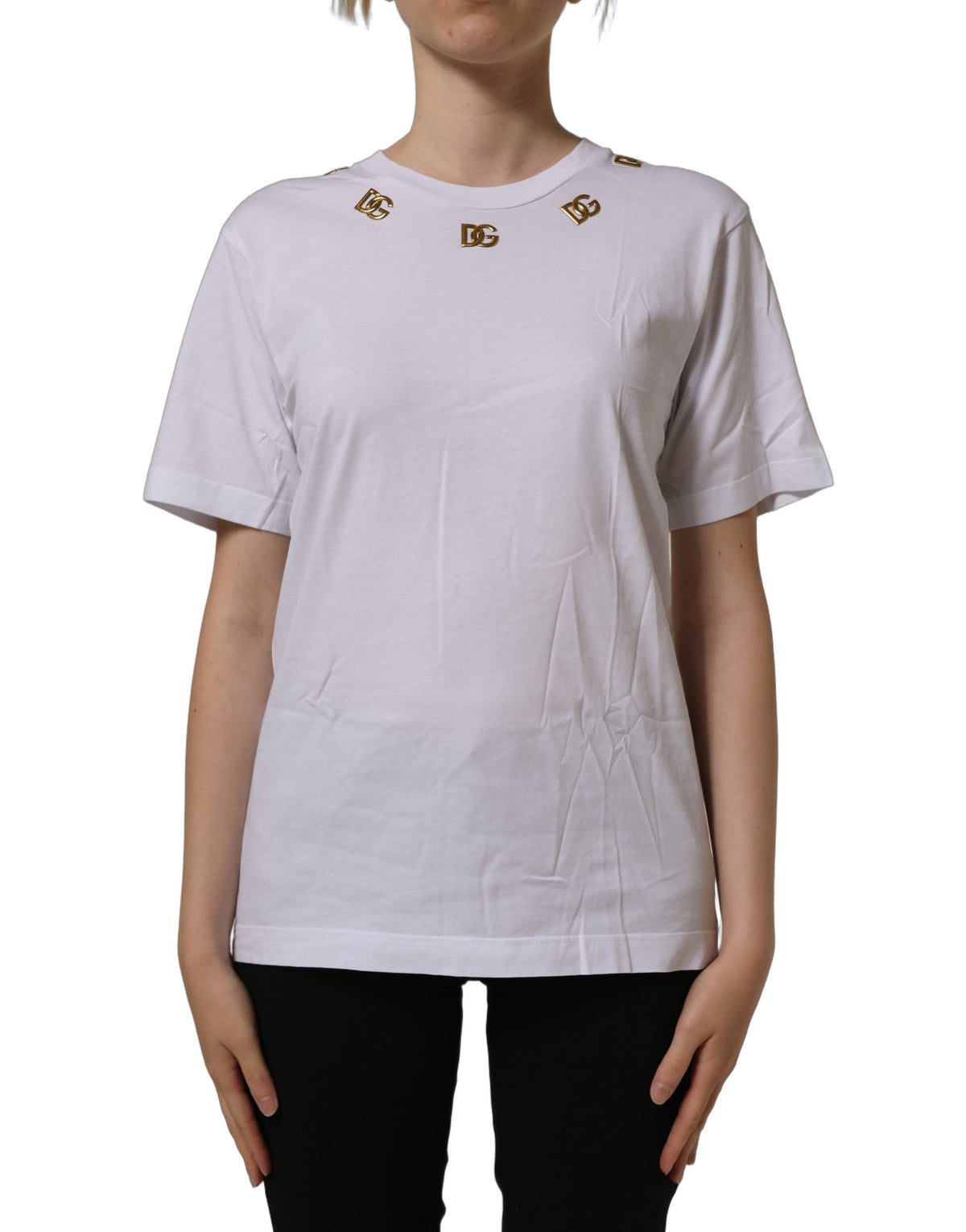 Dolce & Gabbana Weißes Baumwoll-T-Shirt mit rundem Halsausschnitt und goldenem DG-Logo