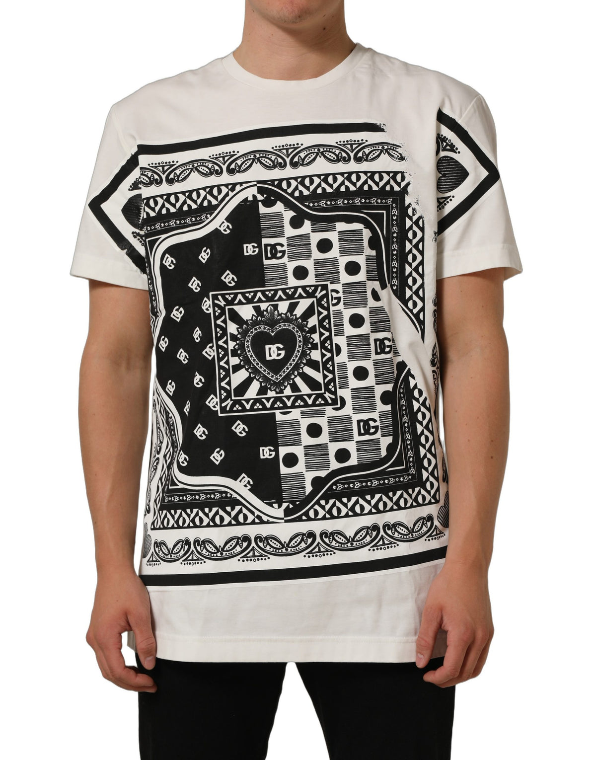 Dolce & Gabbana Weißes Baumwoll-T-Shirt mit Bandana-Print und Rundhalsausschnitt