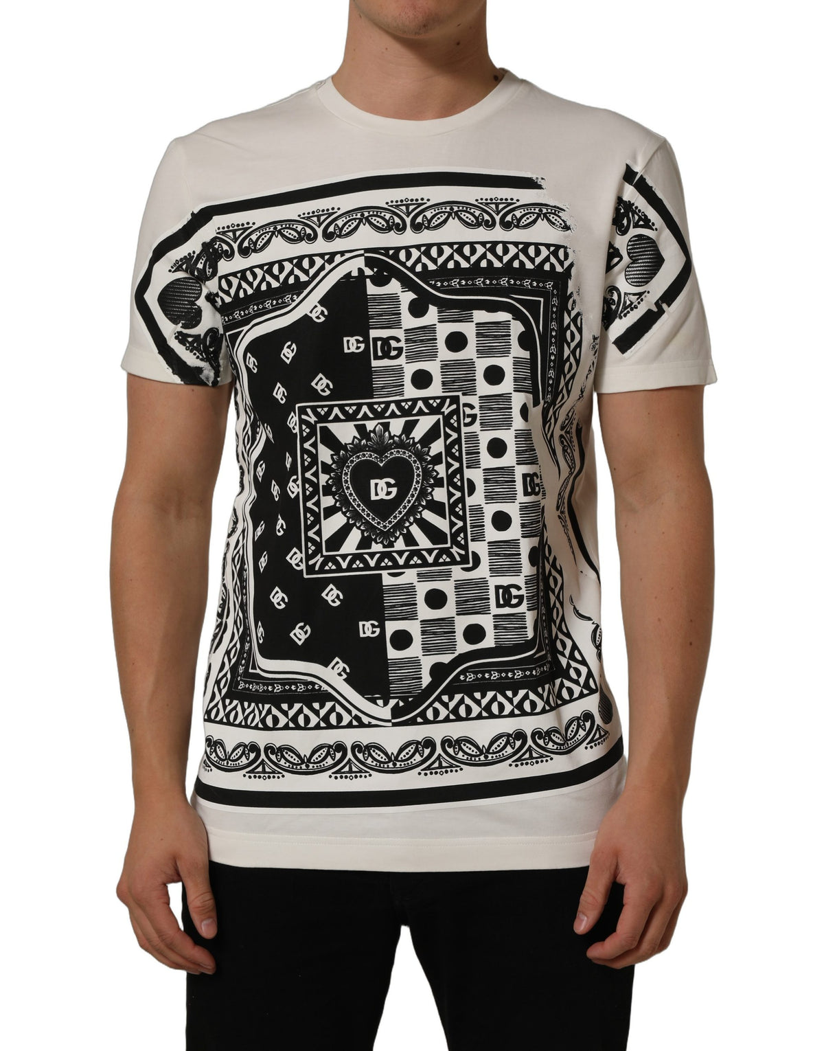 Dolce & Gabbana Weißes Baumwoll-T-Shirt mit Bandana-Print und Rundhalsausschnitt