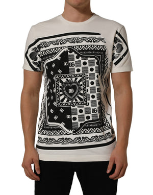Dolce & Gabbana Weißes Baumwoll-T-Shirt mit Bandana-Print und Rundhalsausschnitt