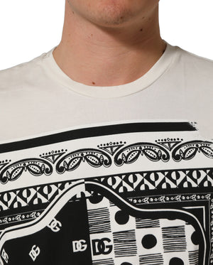Dolce & Gabbana Weißes Baumwoll-T-Shirt mit Bandana-Print und Rundhalsausschnitt