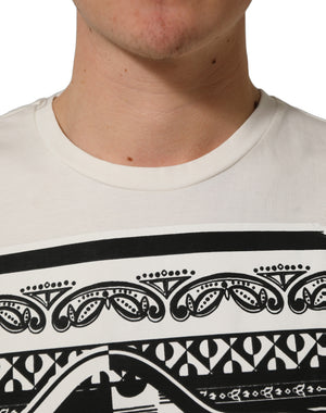 Dolce & Gabbana Weißes Baumwoll-T-Shirt mit Bandana-Print und Rundhalsausschnitt