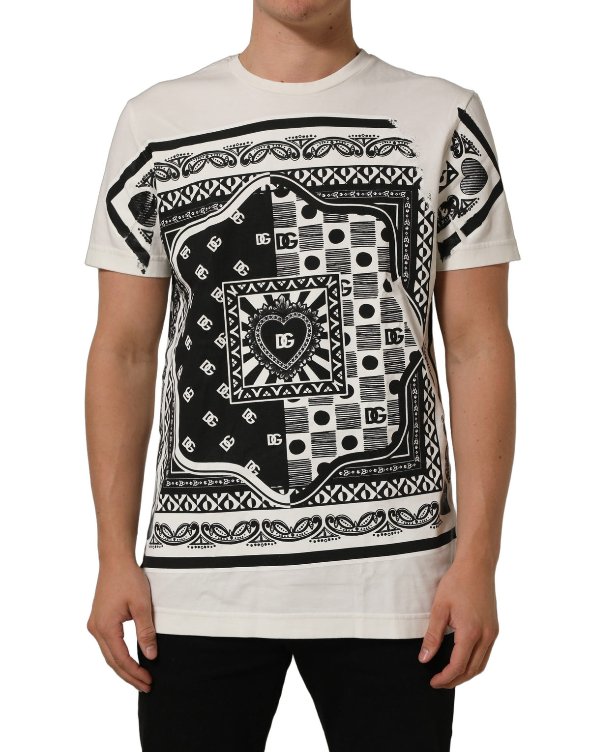 Dolce & Gabbana Weißes Baumwoll-T-Shirt mit Bandana-Print und Rundhalsausschnitt