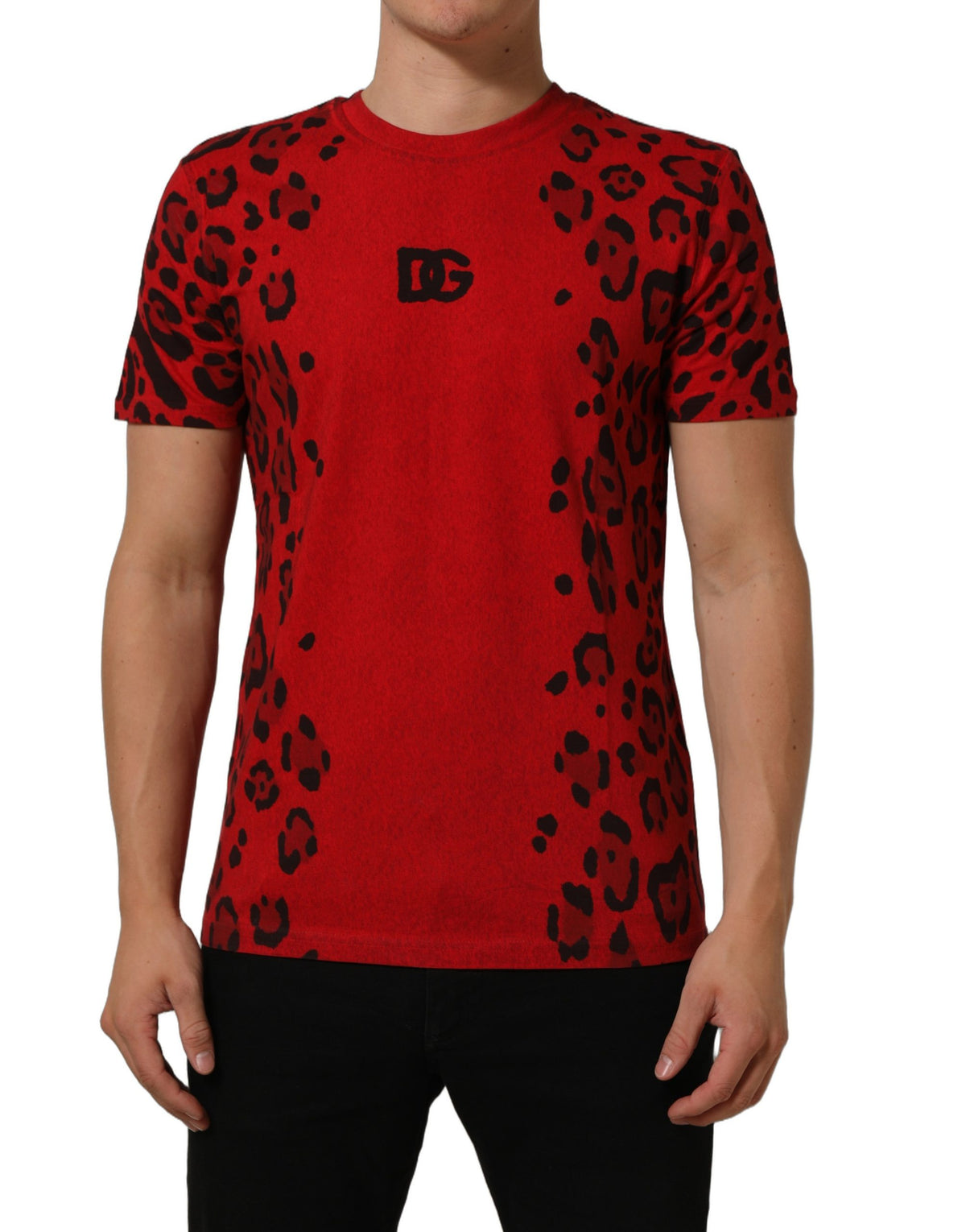 Dolce & Gabbana Herren T-Shirt mit kurzen Ärmeln und rotem Leopardenmuster