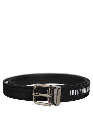 Dolce & Gabbana Schwarzer Stoff-Ledergürtel mit Barcode-Silberschnalle