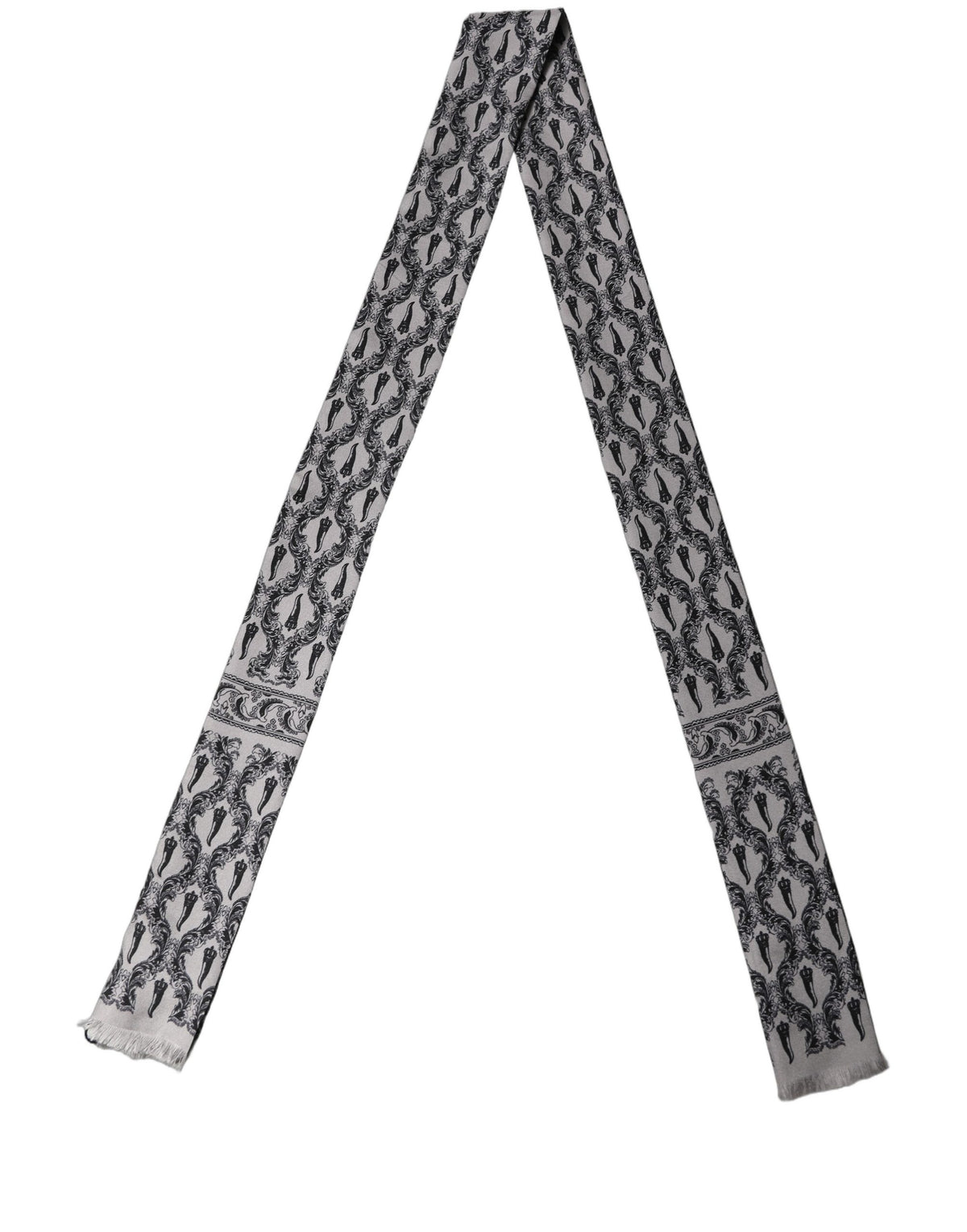 Dolce & Gabbana Grauer Seiden-Foulard-Schal mit Fransen im Barock-Stil