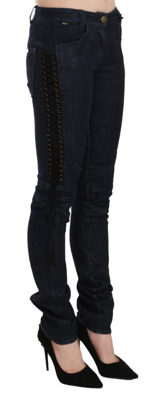 Just Cavalli Blaue Skinny-Hose mit niedriger Taille Geflochtene String-Hose