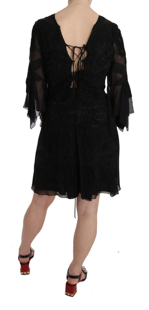 John Richmond Schwarzes Mini-Shiftkleid aus Seide mit Pailletten