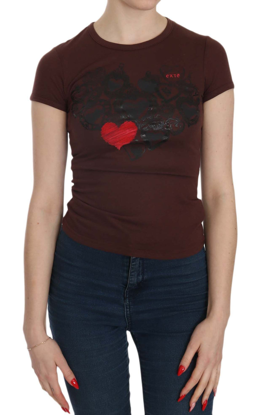 Exte Braunes Herz kurzärmeliges lässiges T-Shirt Top