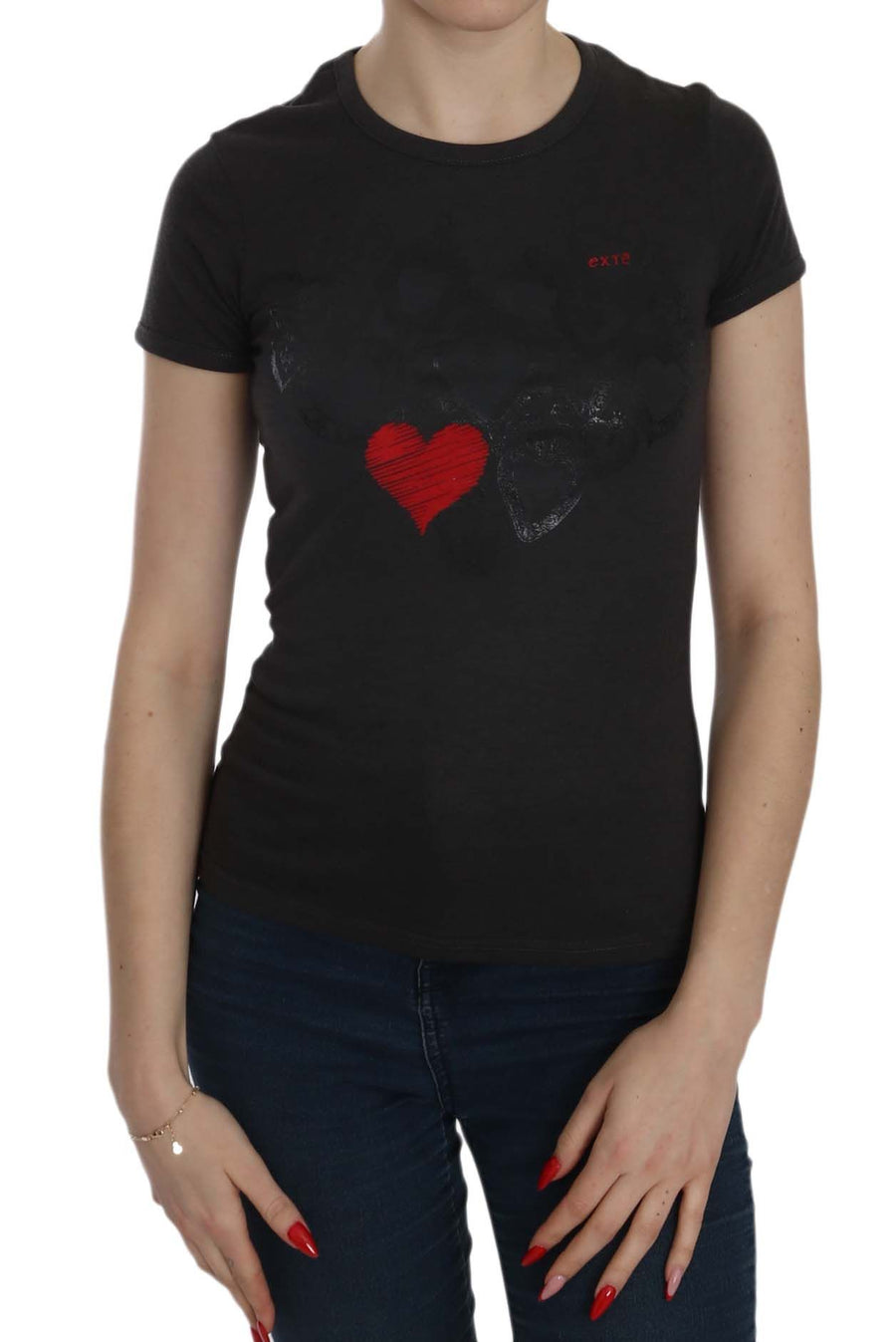 Exte Schwarzes Herz Print Kurzarm Freizeithemd Top