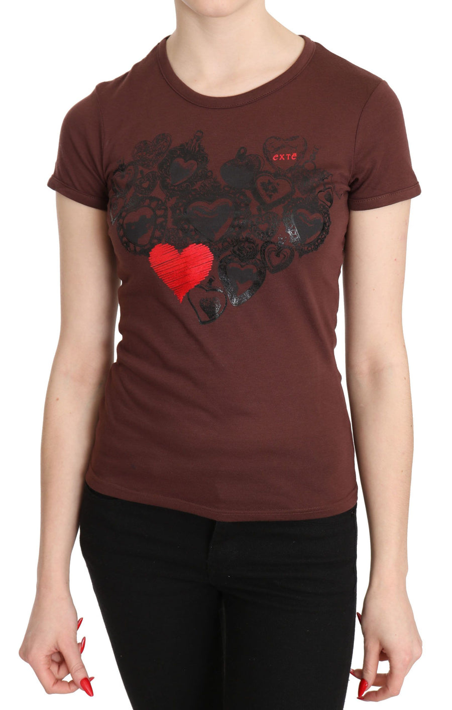 Exte Braunes Herz-T-Shirt mit Rundhalsausschnitt