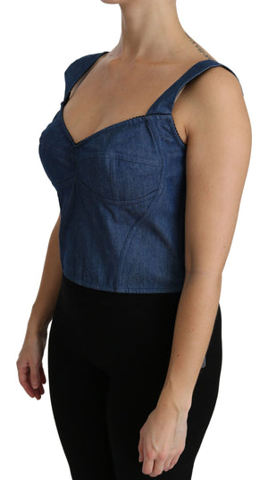Dolce & Gabbana Blaue ärmellose Bustierbluse Baumwolltop