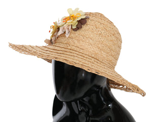 Dolce & Gabbana Beige Breite Krempe Floral Eimer Capello Hut
